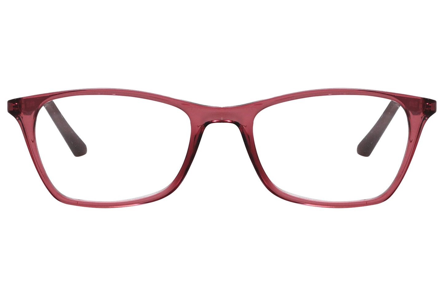 rexus rectangle red eyeglasses frame viewed from front angle.