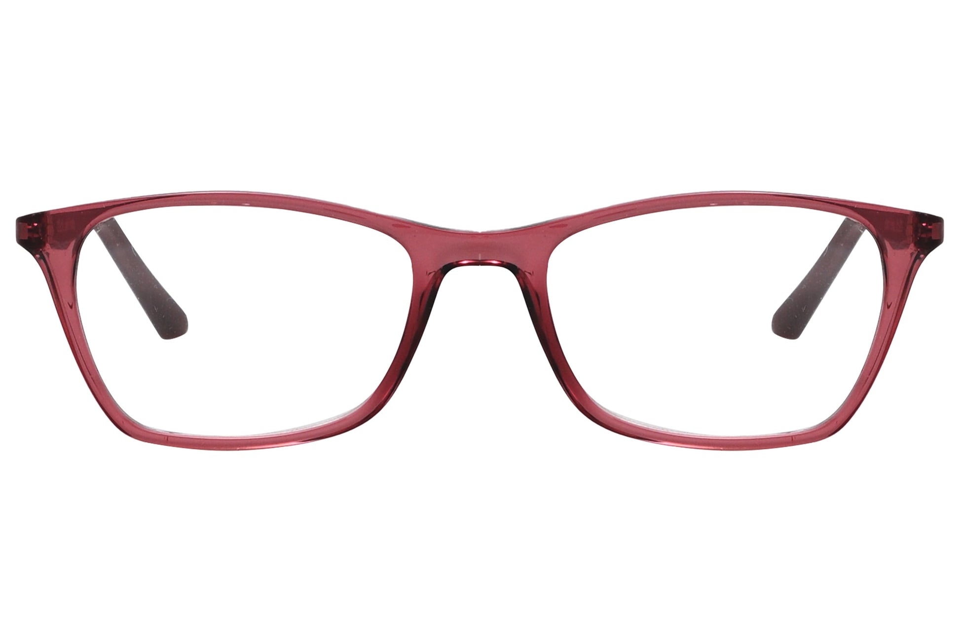 rexus rectangle red eyeglasses frame viewed from front angle.