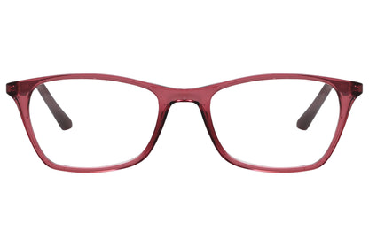 rexus rectangle red eyeglasses frame viewed from front angle.