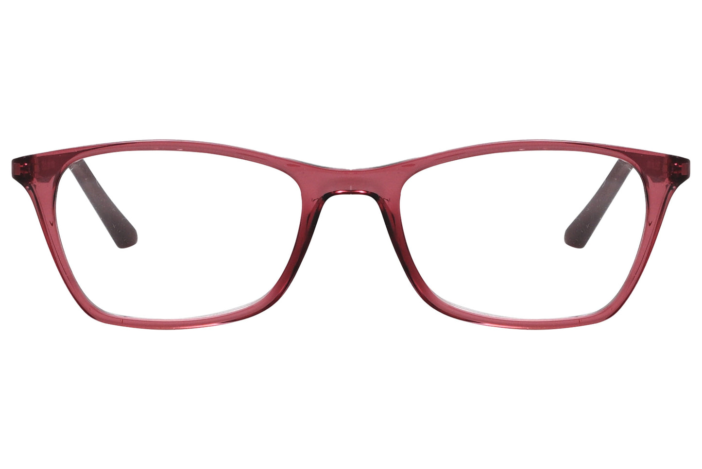 rexus rectangle red eyeglasses frame viewed from front angle.