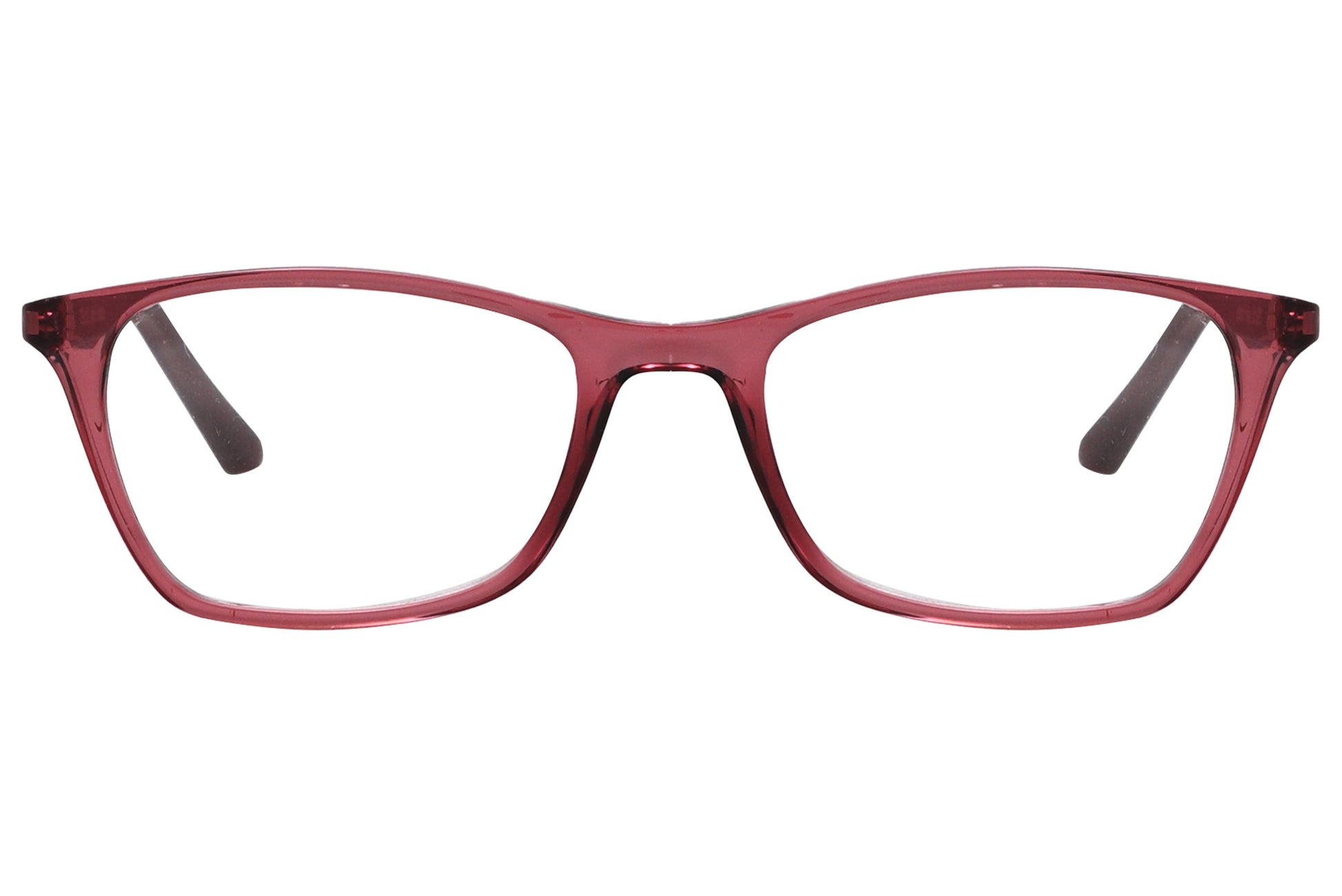 rexus rectangle red eyeglasses frame viewed from front angle.