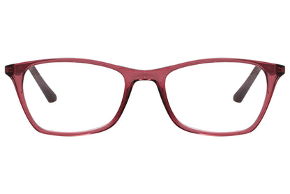 rexus rectangle red eyeglasses frame viewed from front angle.