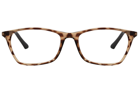 rexus rectangle brown eyeglasses frame viewed from a 45-degree angle.