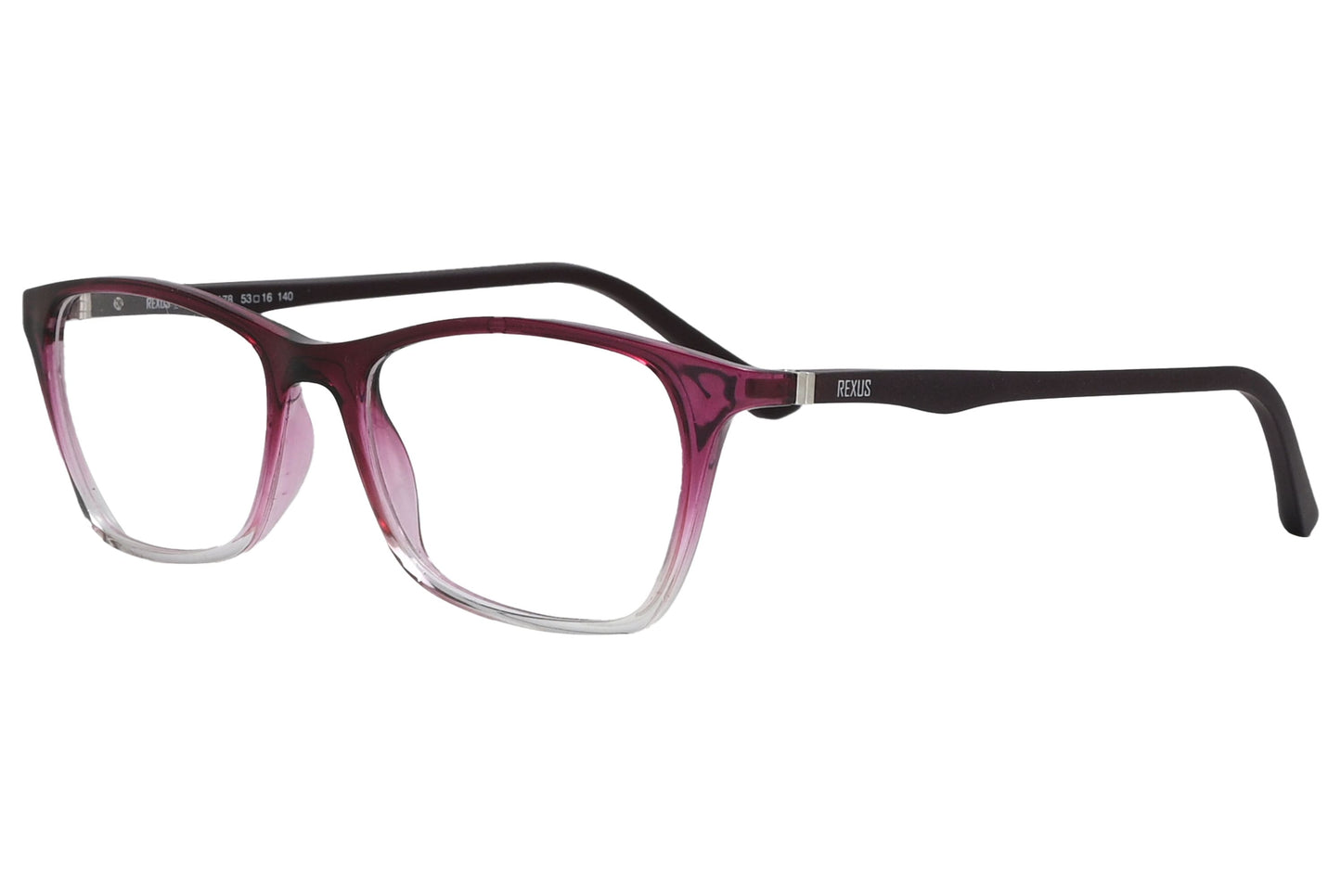 rexus rectangle red eyeglasses frame viewed from a 45-degree angle.