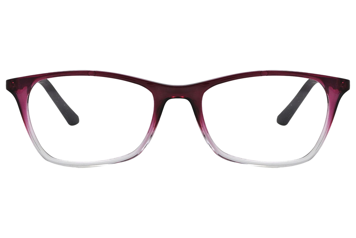 rexus rectangle red eyeglasses frame viewed from front angle.