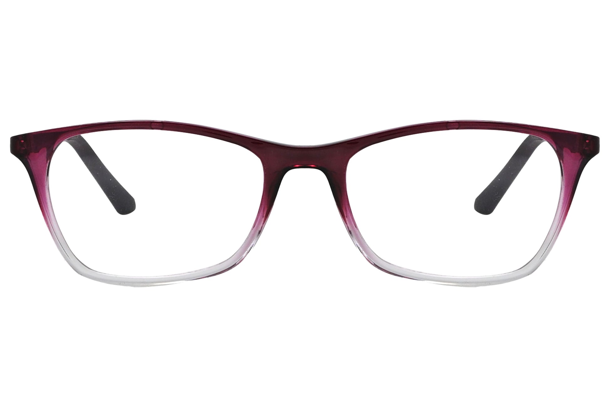 rexus rectangle red eyeglasses frame viewed from front angle.