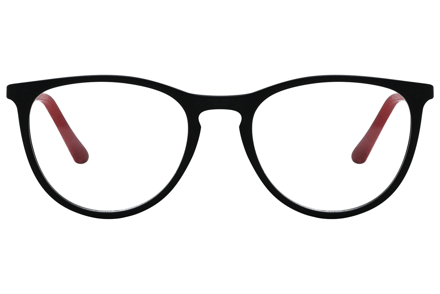 rexus round red eyeglasses frame viewed from a 45-degree angle.