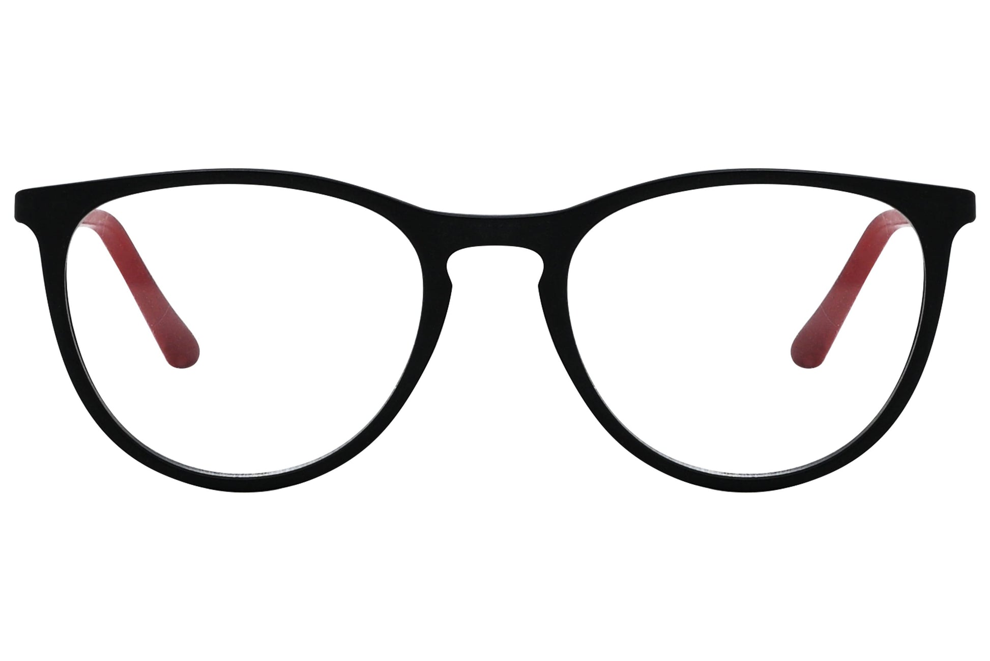 rexus round red eyeglasses frame viewed from a 45-degree angle.