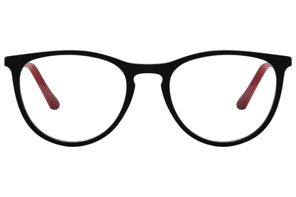 rexus round red eyeglasses frame viewed from a 45-degree angle.