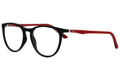 rexus round red eyeglasses frame viewed from front angle.