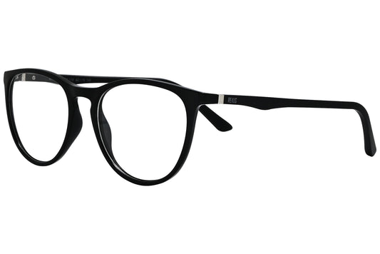 rexus round black eyeglasses frame viewed from a 45-degree angle.