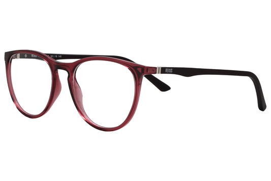 rexus round red eyeglasses frame viewed from a 45-degree angle.