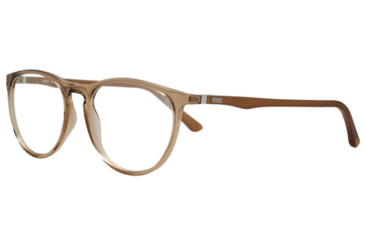 rexus round brown eyeglasses frame viewed from a 45-degree angle.