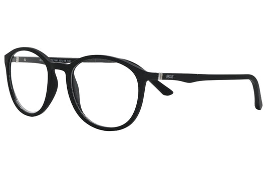 rexus round black eyeglasses frame viewed from a 45-degree angle.