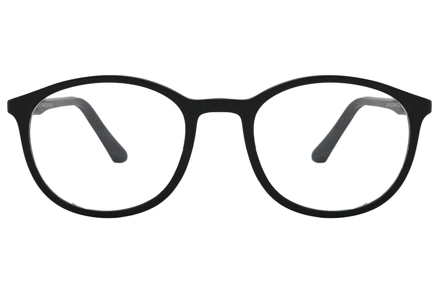 rexus round black eyeglasses frame viewed from front angle.