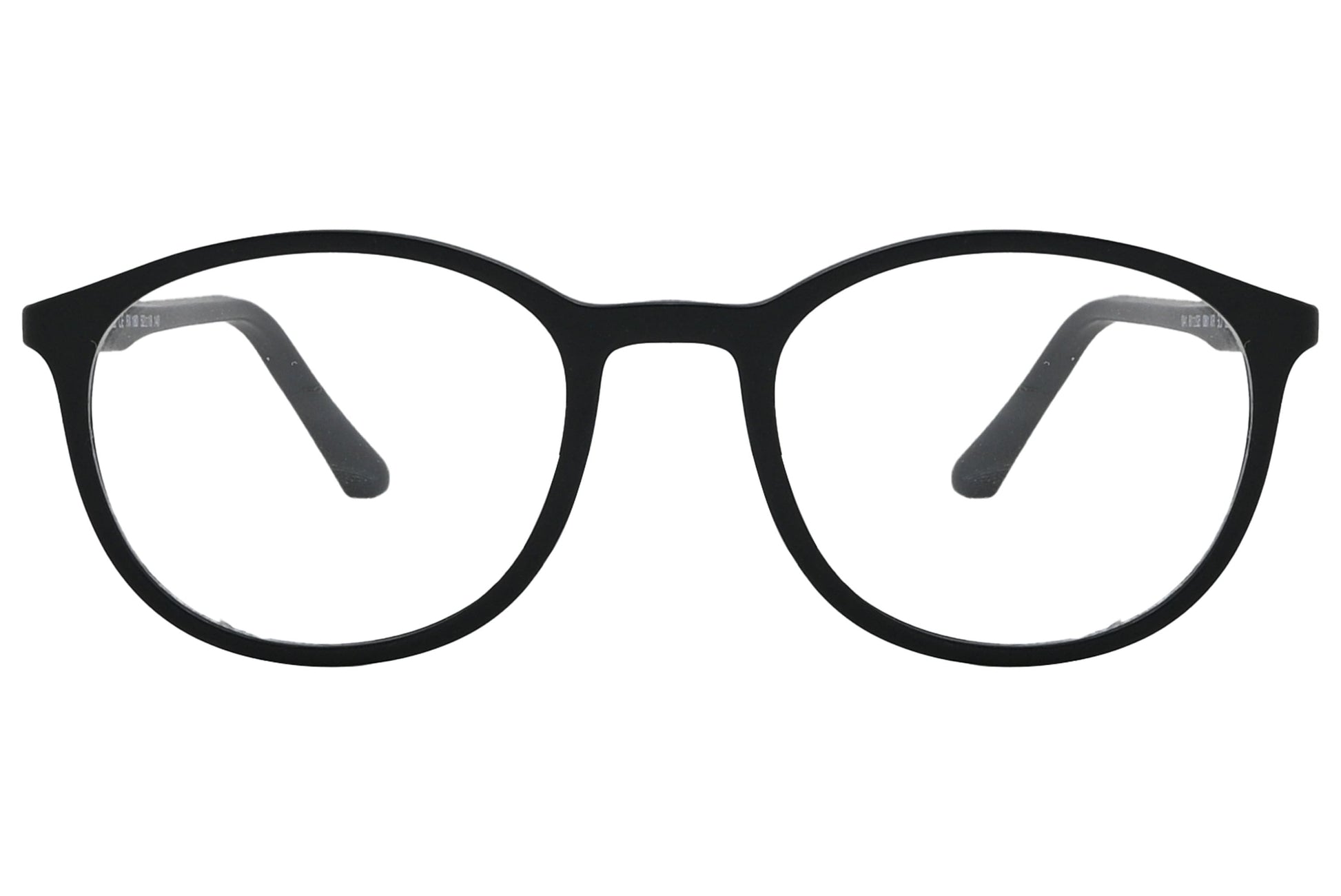 rexus round black eyeglasses frame viewed from front angle.