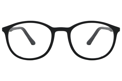 rexus round black eyeglasses frame viewed from front angle.