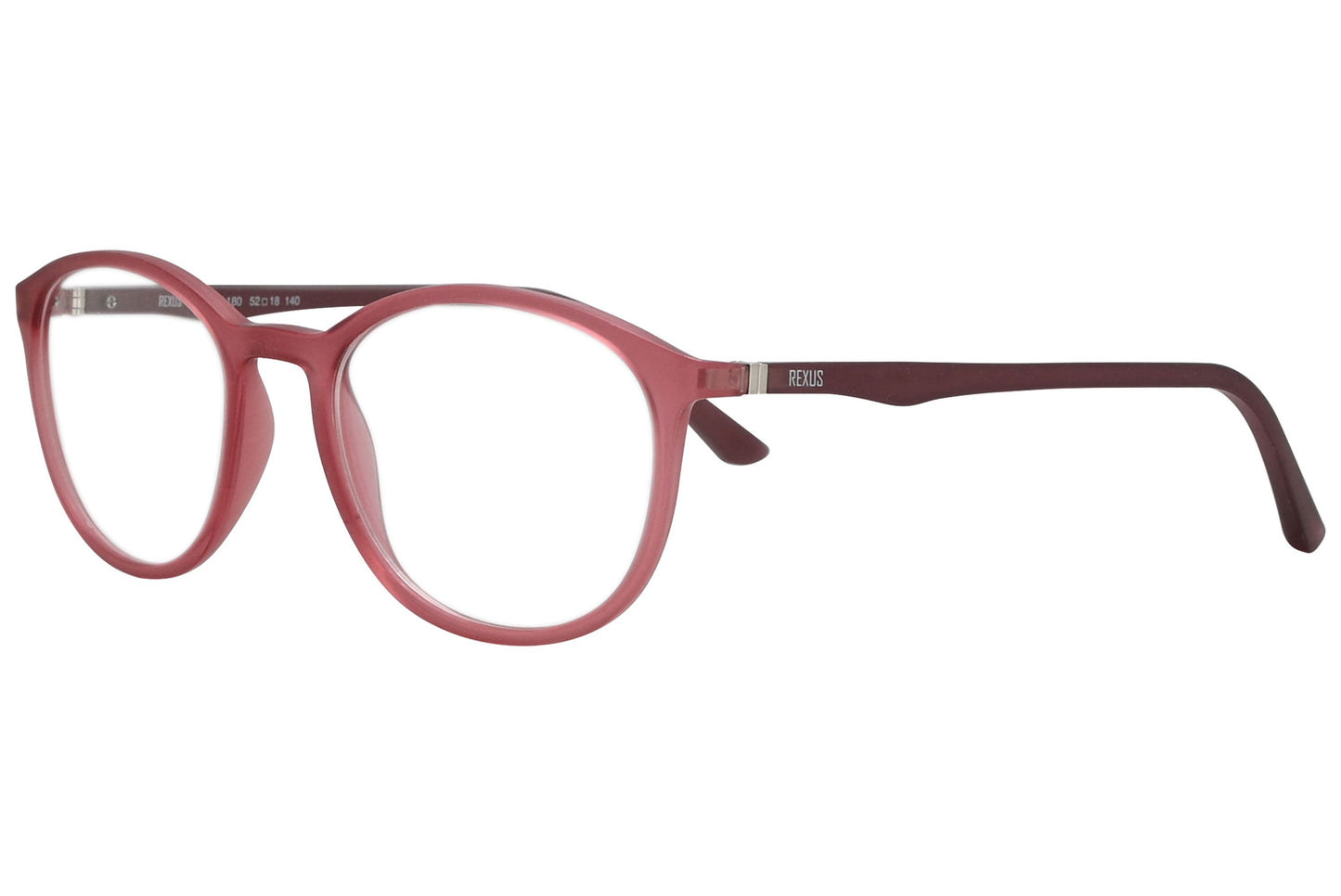 rexus round pink eyeglasses frame viewed from a 45-degree angle.