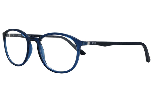 rexus round blue eyeglasses frame viewed from a 45-degree angle.