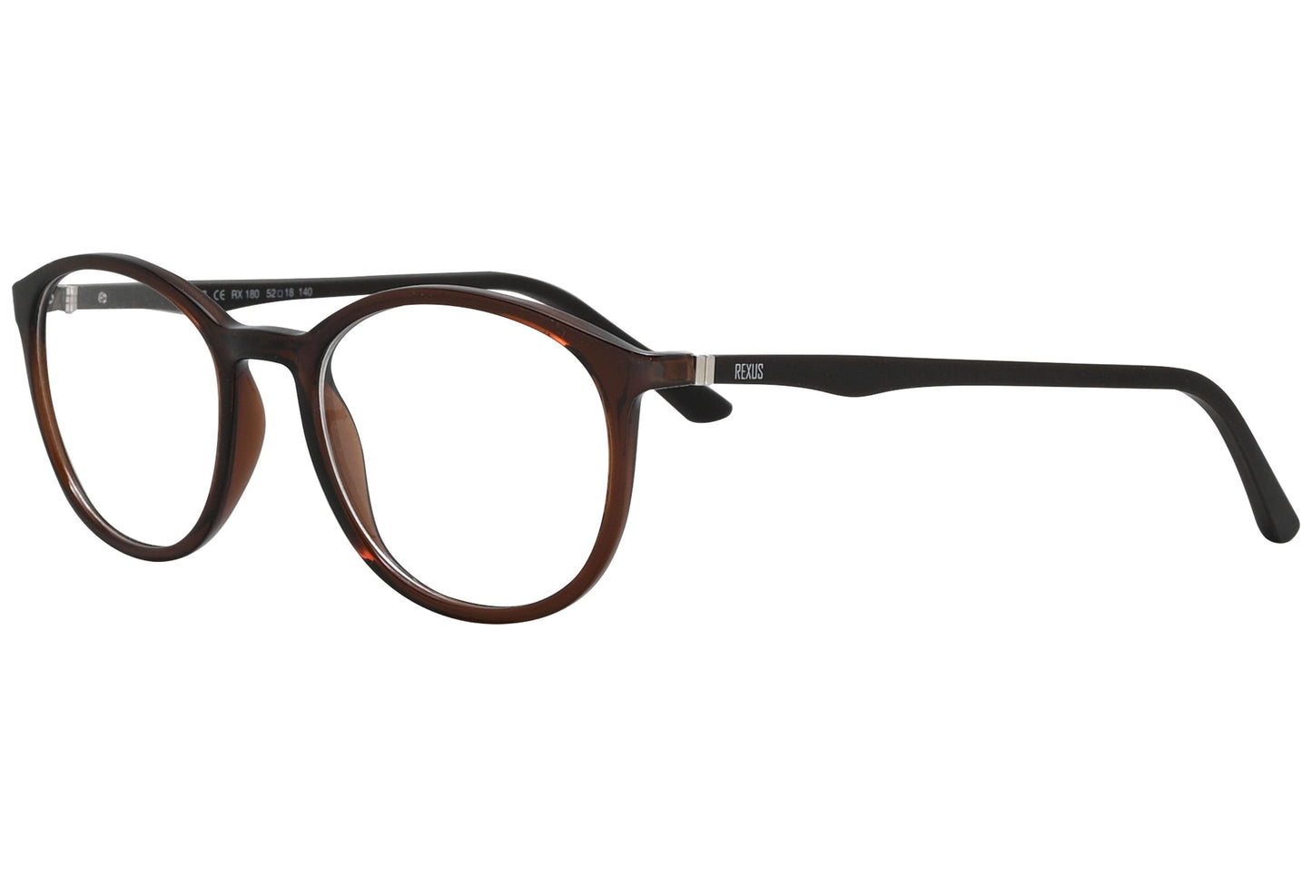 rexus round brown eyeglasses frame viewed from a 45-degree angle.