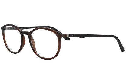 rexus round brown eyeglasses frame viewed from a 45-degree angle.