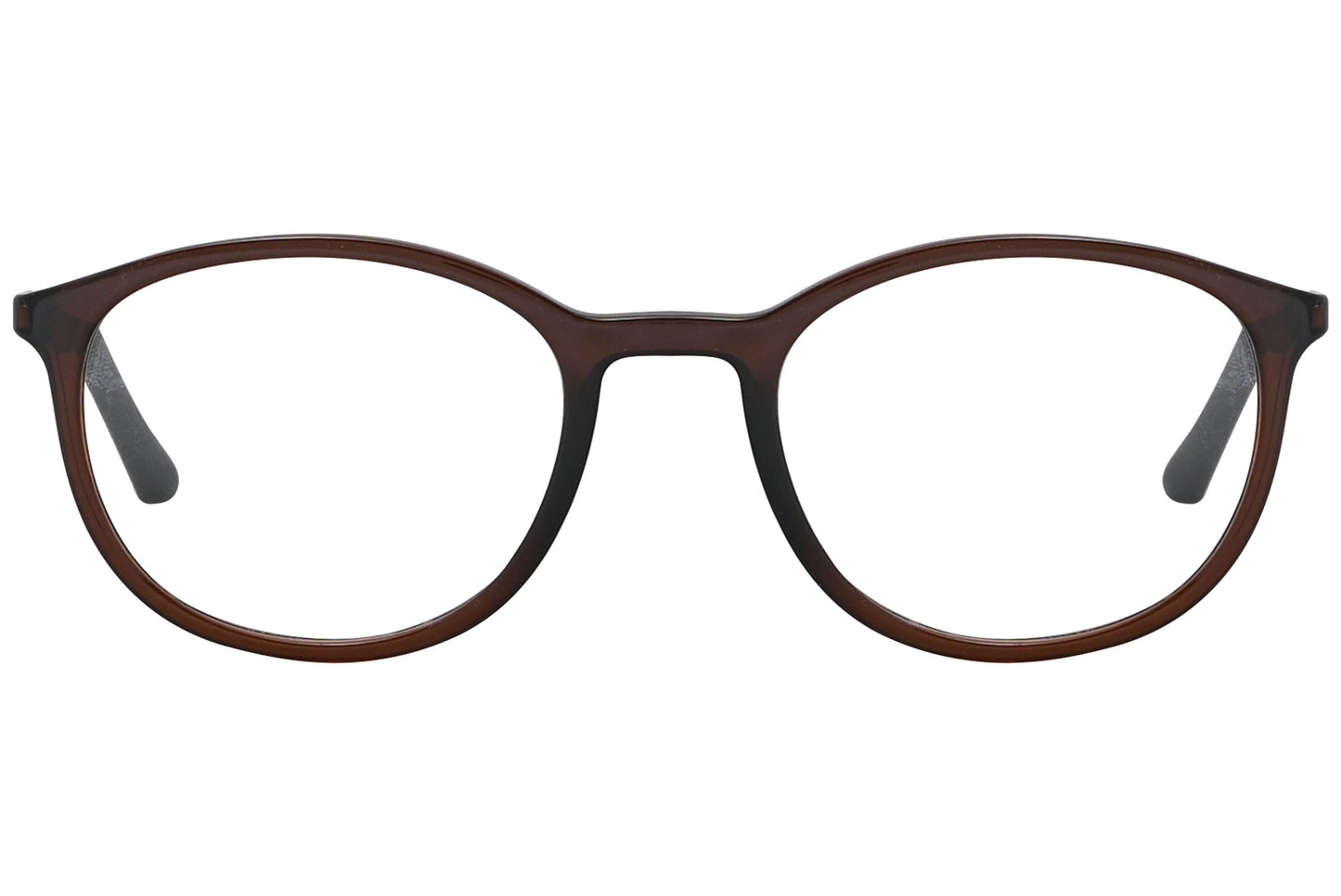 rexus round brown eyeglasses frame viewed from front angle.