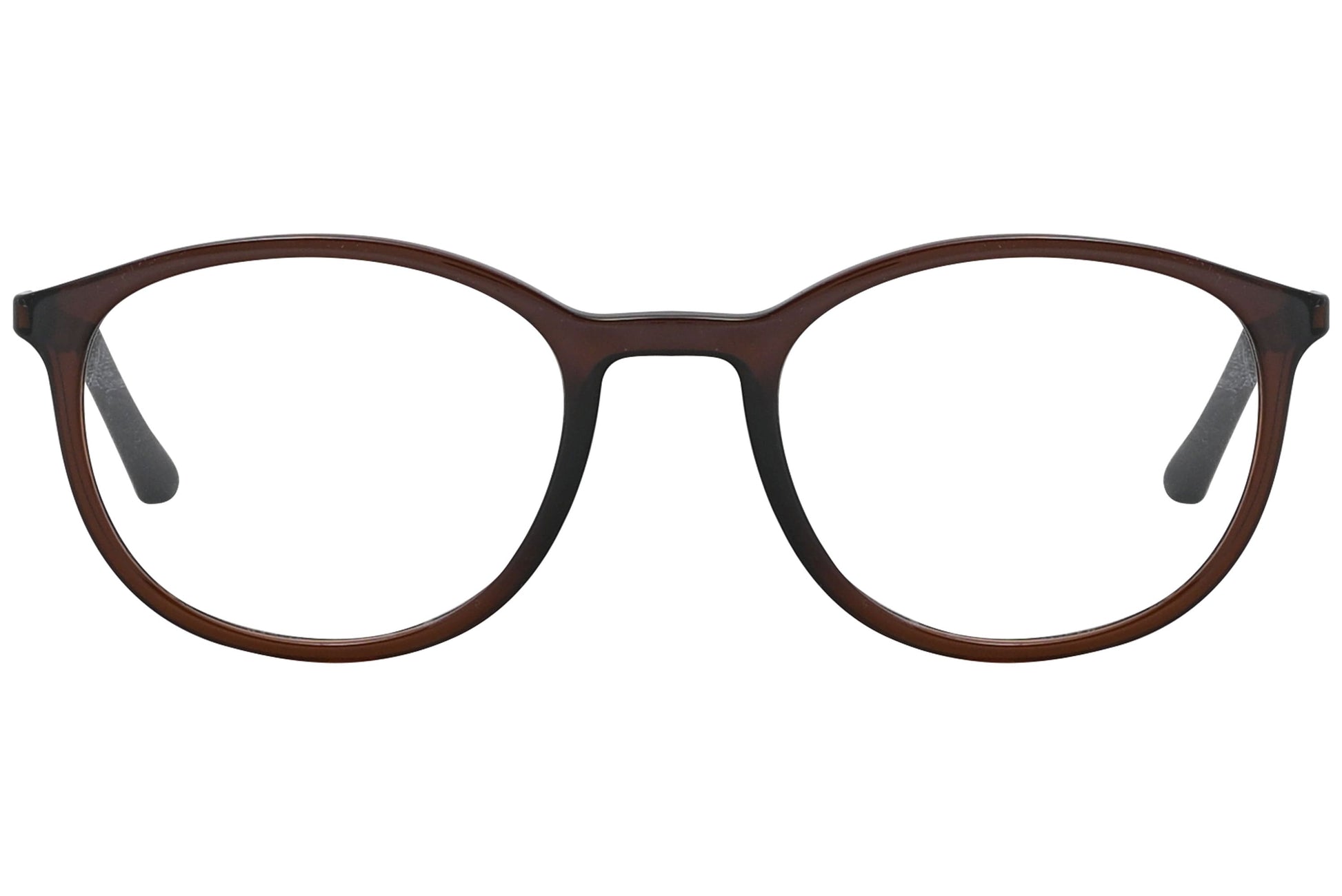 rexus round brown eyeglasses frame viewed from front angle.