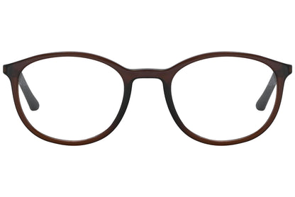 rexus round brown eyeglasses frame viewed from front angle.