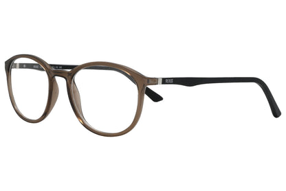 rexus round brown eyeglasses frame viewed from a 45-degree angle.