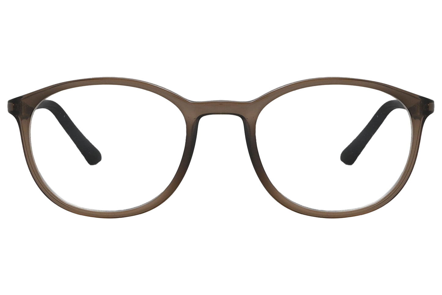 rexus round brown eyeglasses frame viewed from front angle.