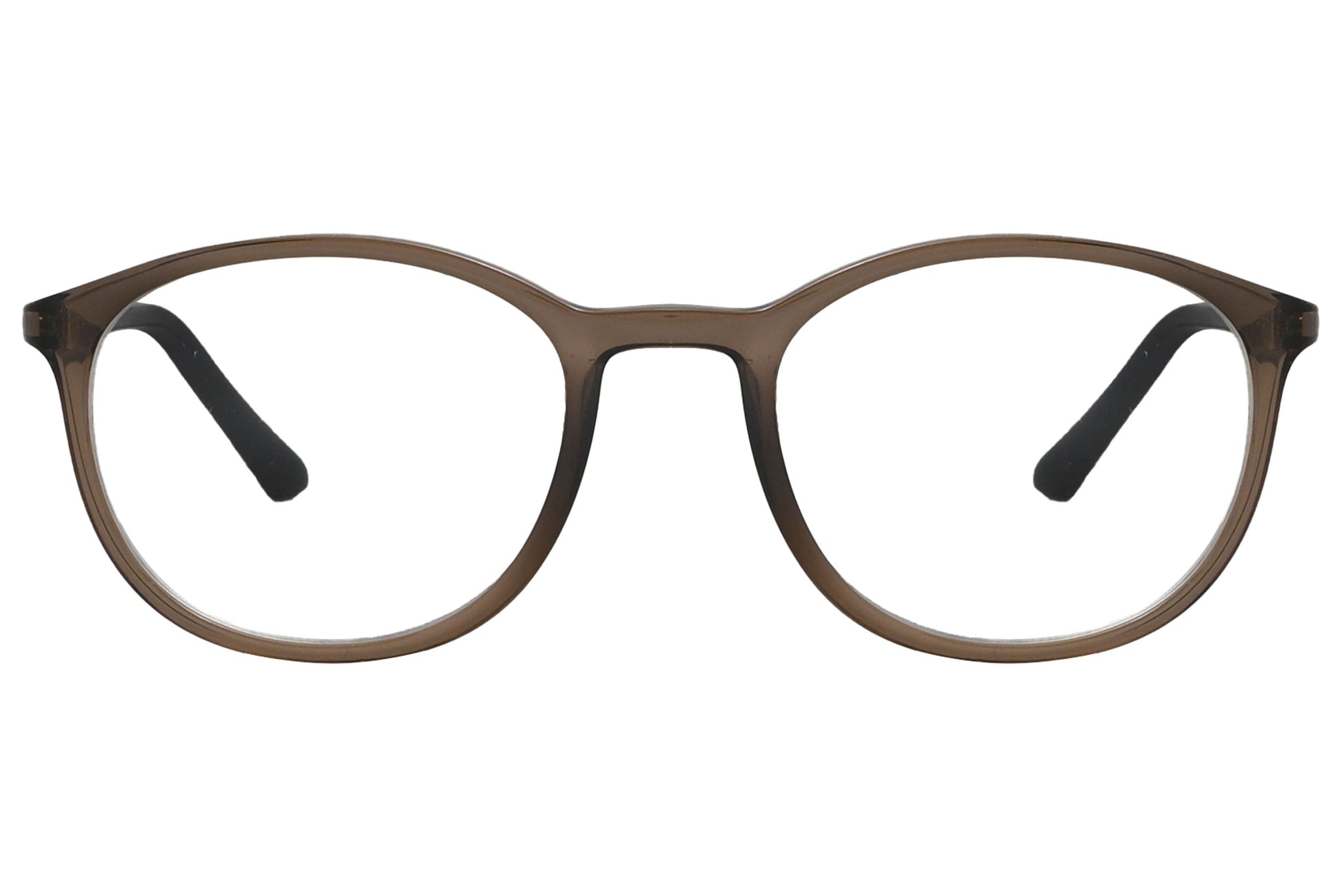 rexus round brown eyeglasses frame viewed from front angle.