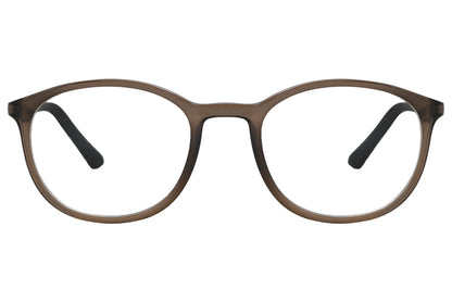 rexus round brown eyeglasses frame viewed from front angle.