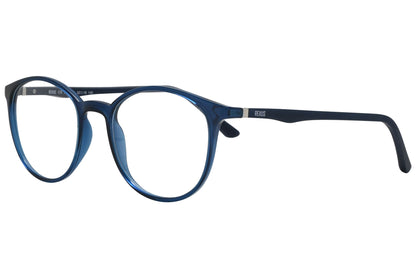 rexus round blue eyeglasses frame viewed from a 45-degree angle.