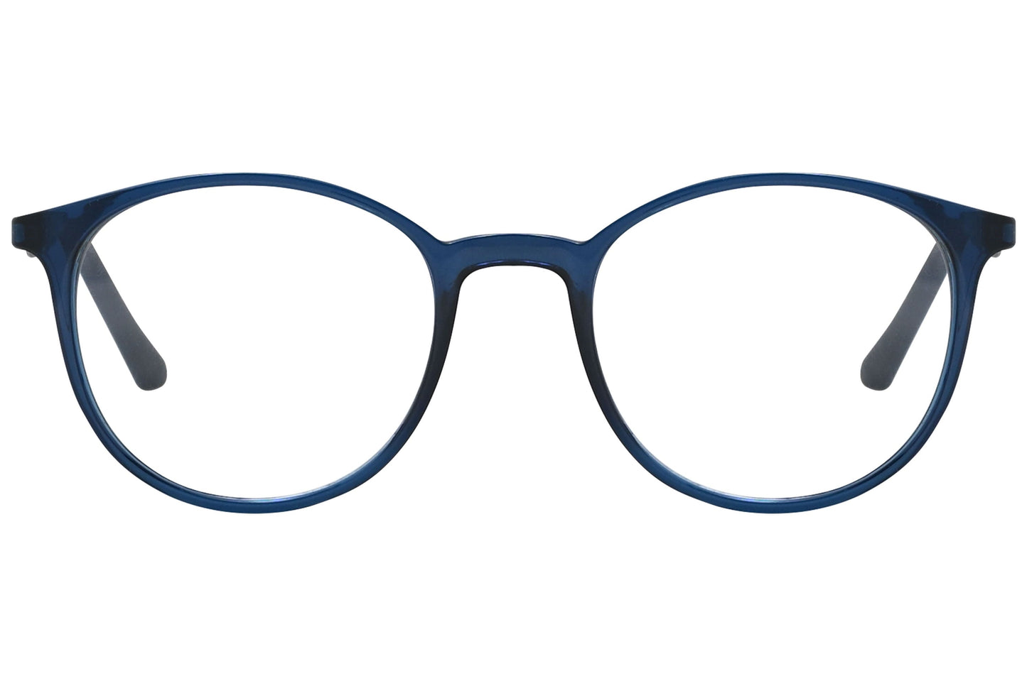 rexus round blue eyeglasses frame viewed from front angle.