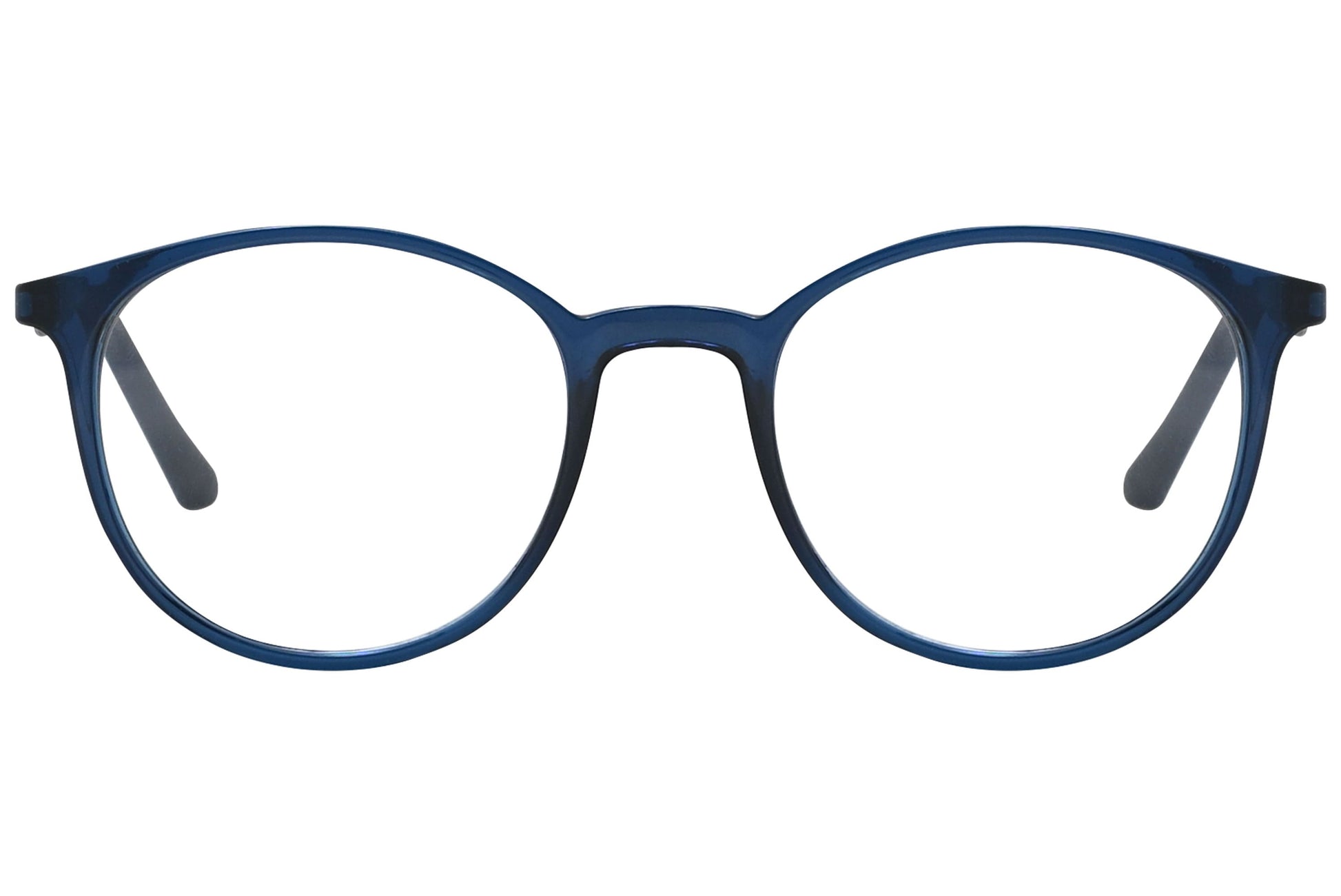 rexus round blue eyeglasses frame viewed from front angle.