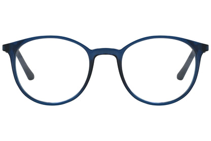 rexus round blue eyeglasses frame viewed from front angle.