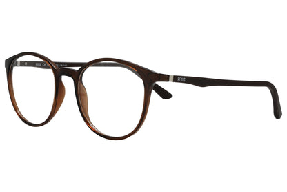 rexus round brown eyeglasses frame viewed from a 45-degree angle.