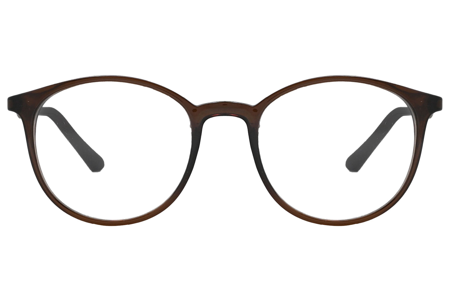 rexus round brown eyeglasses frame viewed from front angle.