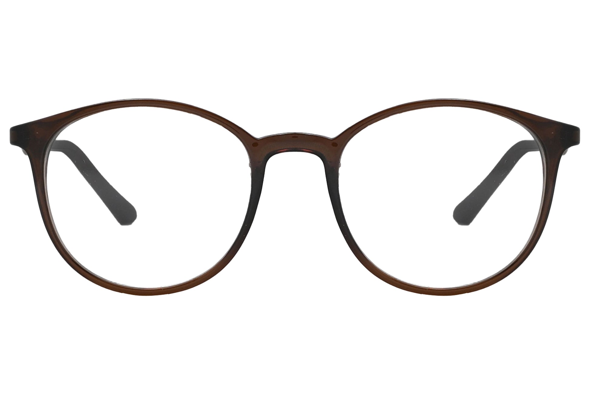 rexus round brown eyeglasses frame viewed from front angle.