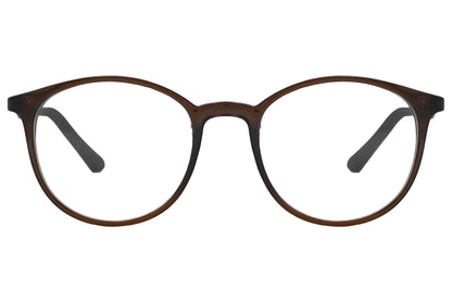 rexus round brown eyeglasses frame viewed from front angle.