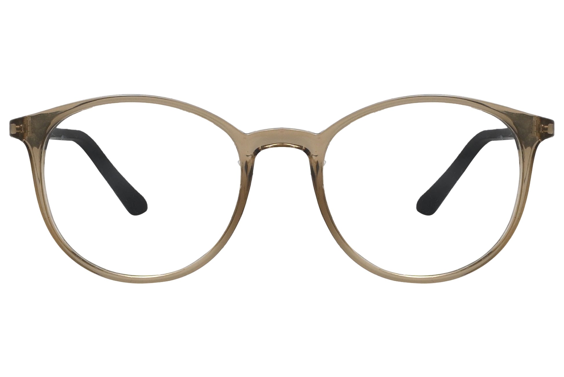 rexus round brown eyeglasses frame viewed from front angle.