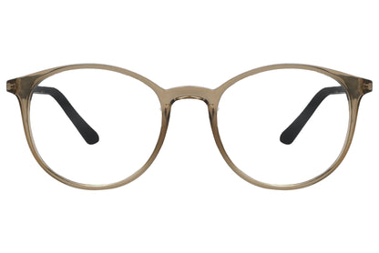 rexus round brown eyeglasses frame viewed from front angle.