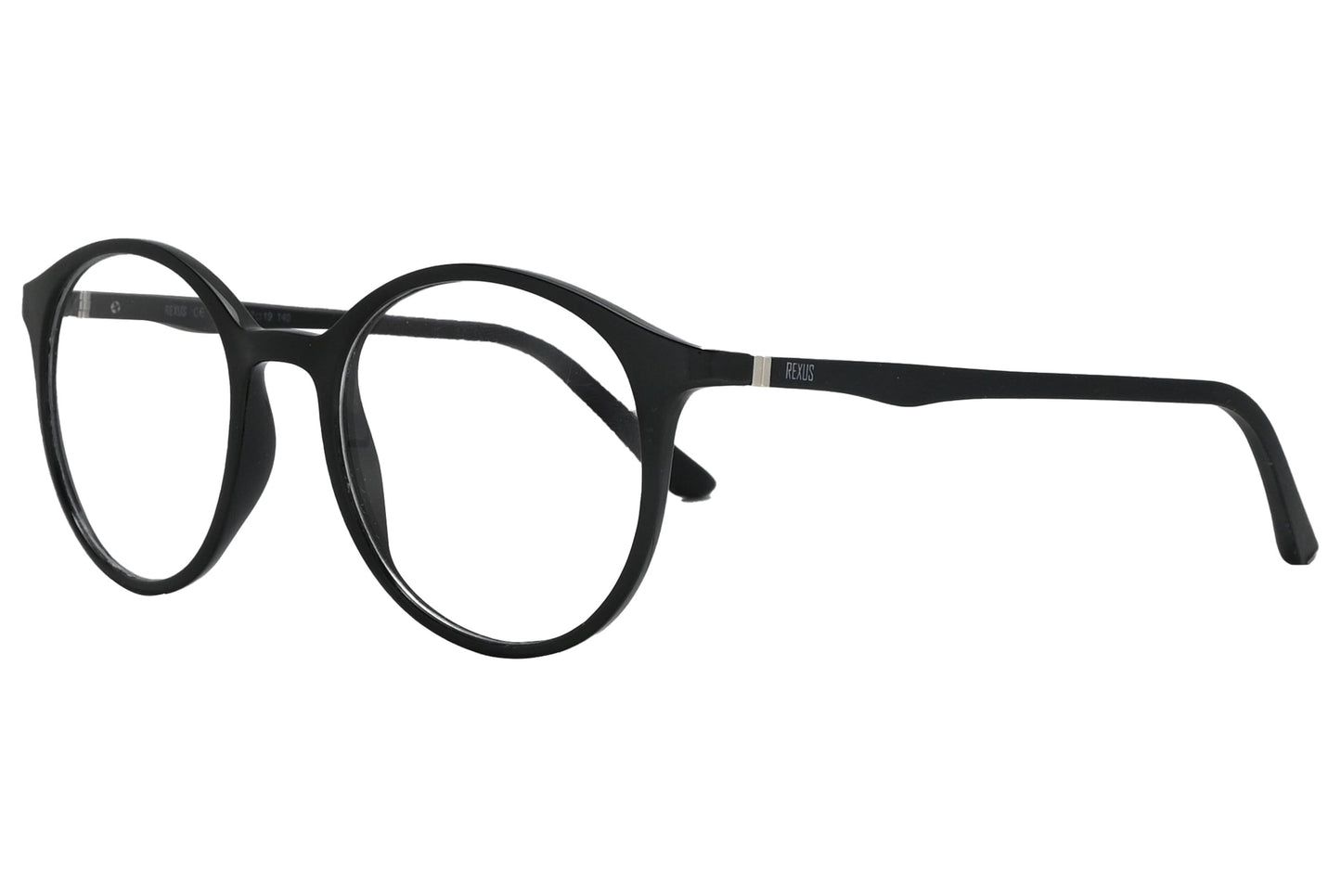 rexus round black eyeglasses frame viewed from a 45-degree angle.