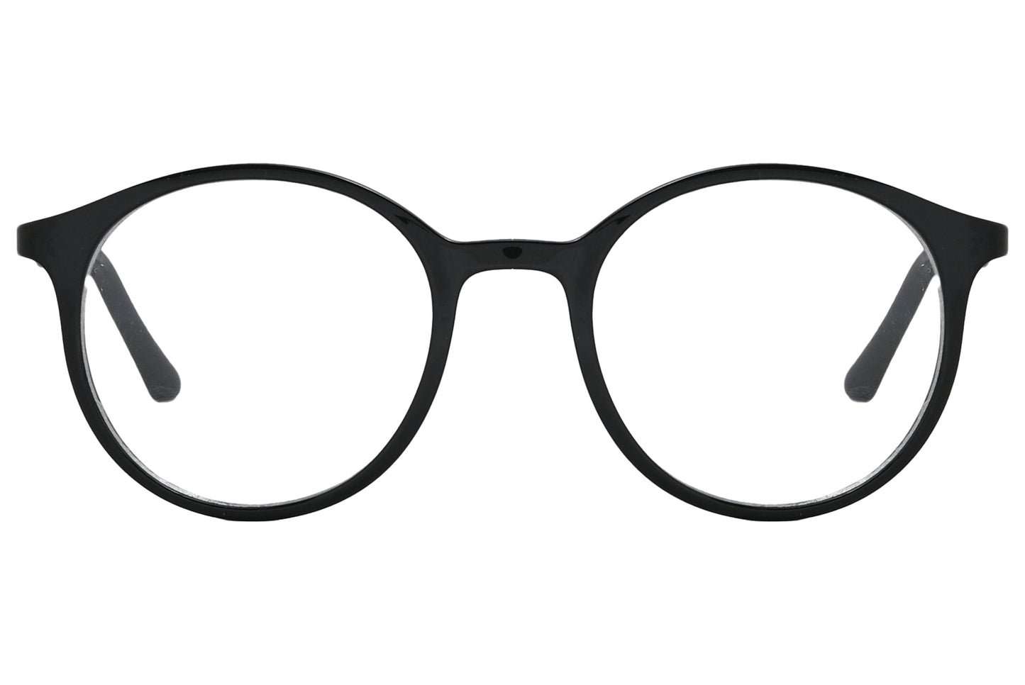 rexus round black eyeglasses frame viewed from front angle.