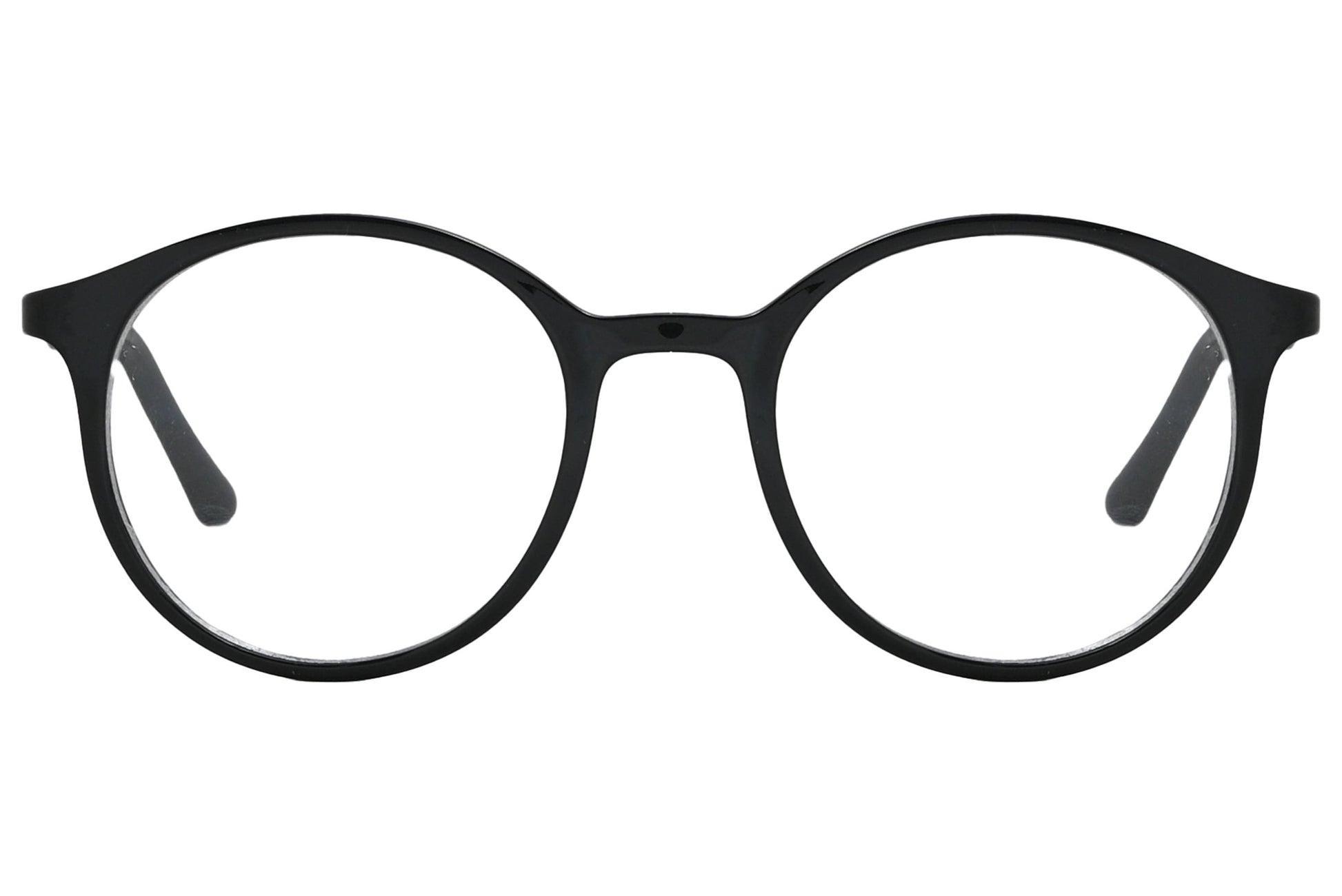 rexus round black eyeglasses frame viewed from front angle.