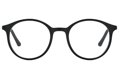 rexus round black eyeglasses frame viewed from front angle.