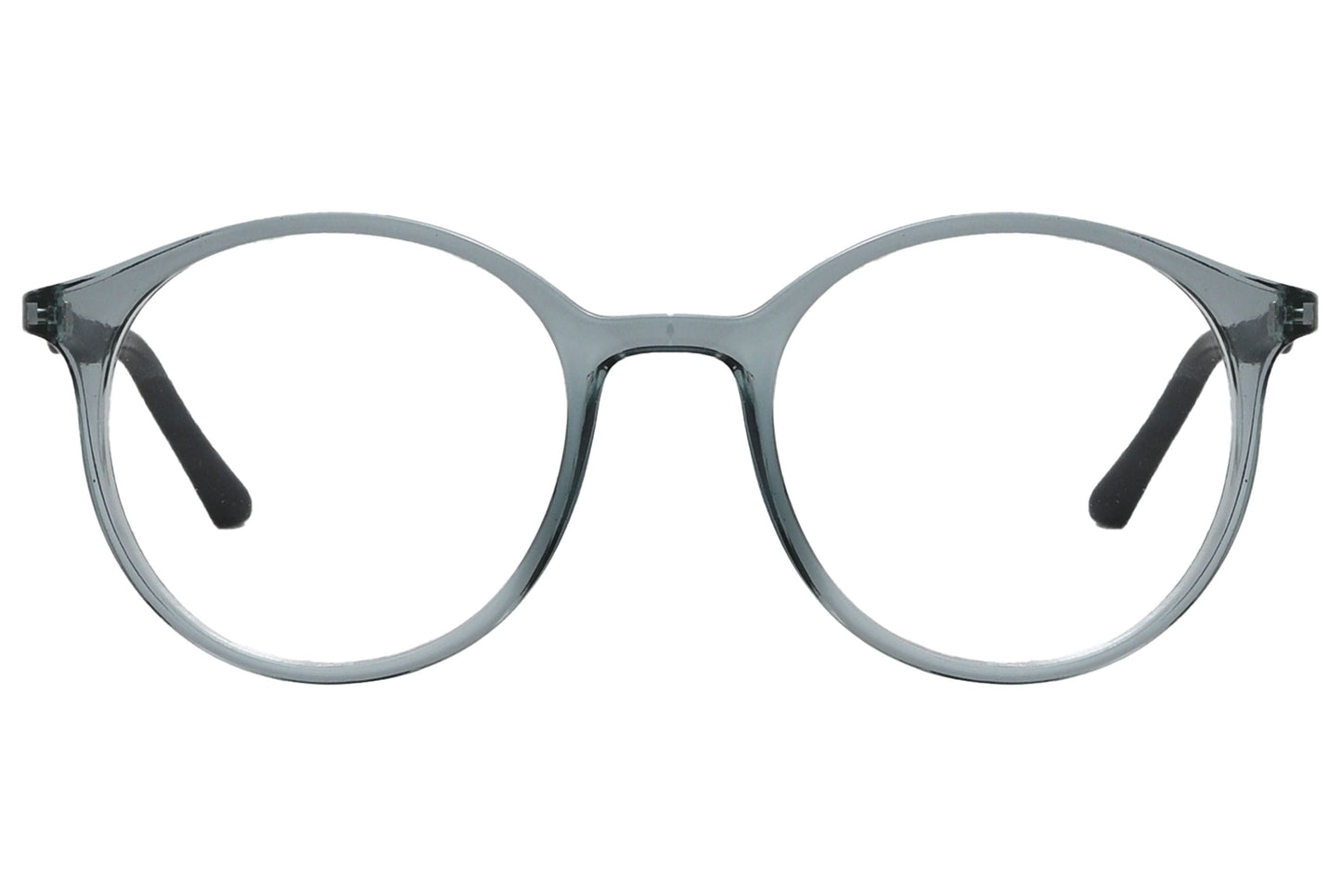 rexus round blue eyeglasses frame viewed from front angle.