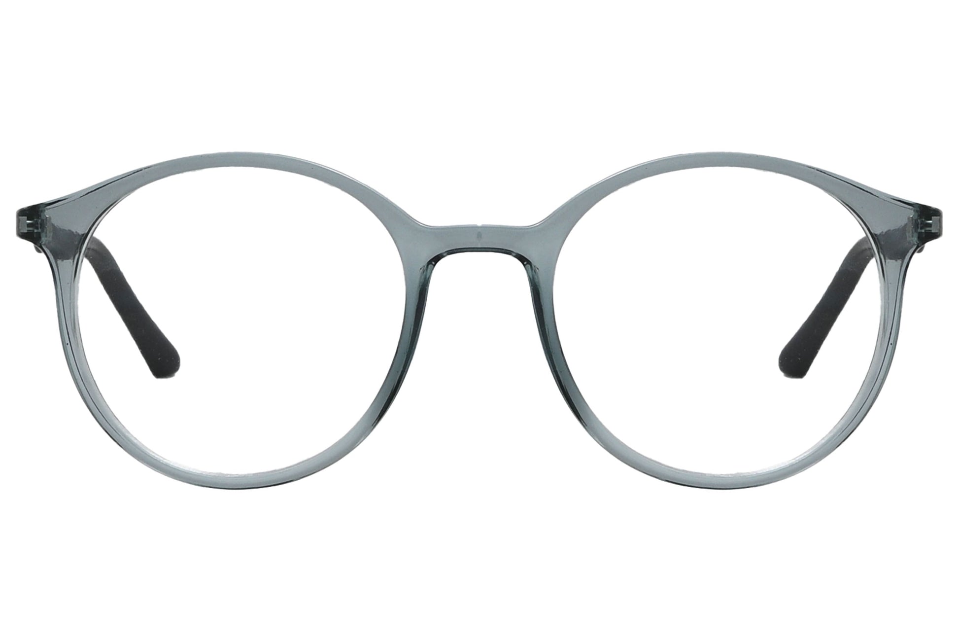 rexus round blue eyeglasses frame viewed from front angle.