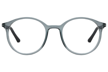 rexus round blue eyeglasses frame viewed from front angle.