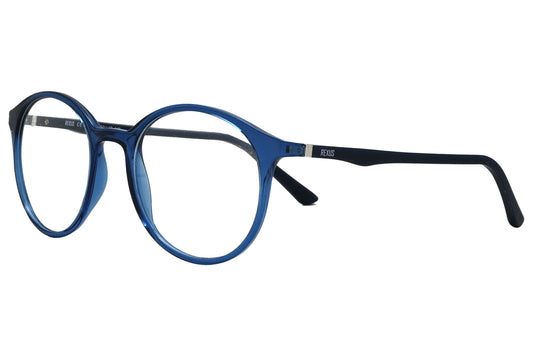 rexus round blue eyeglasses frame viewed from a 45-degree angle.